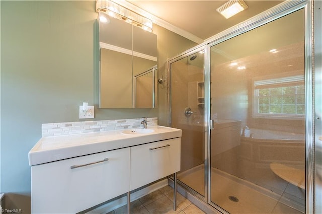 3289 Tobaccoville Rd, Tobaccoville, NC 27050 - bathroom with crown molding, vanity, tile patterned floors, a stall shower, and decorative backsplash