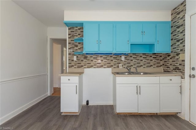 kitchen with open shelves, wood finished floors, and a sink