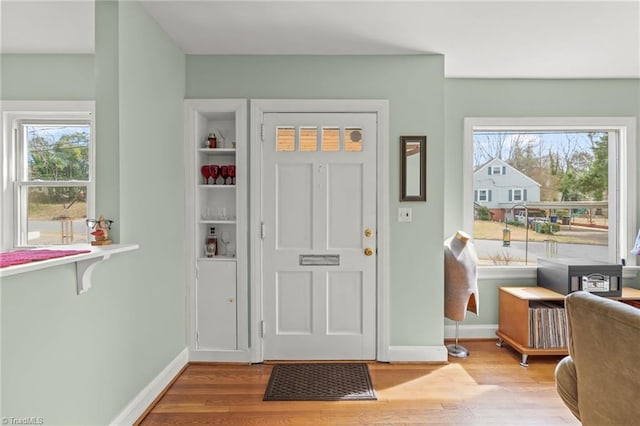 foyer featuring wood finished floors, a wealth of natural light, and baseboards