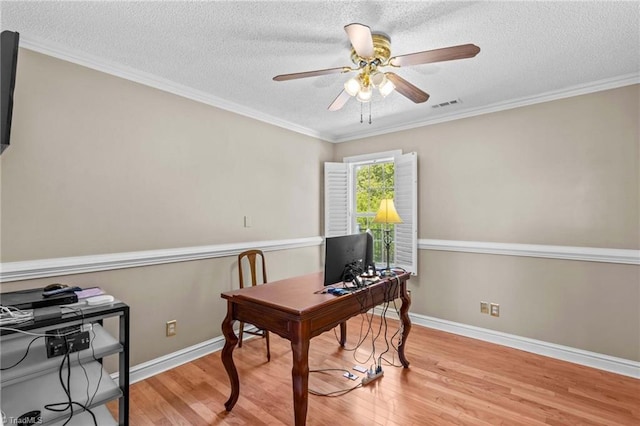 422 Wildwood Dr, Salisbury, NC 28146 - home office with wood finished floors, visible vents, a textured ceiling, and ceiling fan