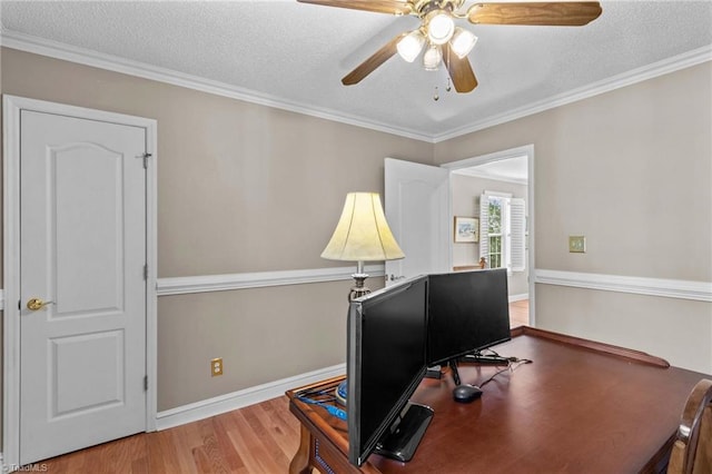 422 Wildwood Dr, Salisbury, NC 28146 - home office with a ceiling fan, wood finished floors, a textured ceiling, and crown molding