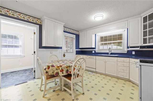 kitchen with a textured ceiling, plenty of natural light, white appliances, and sink