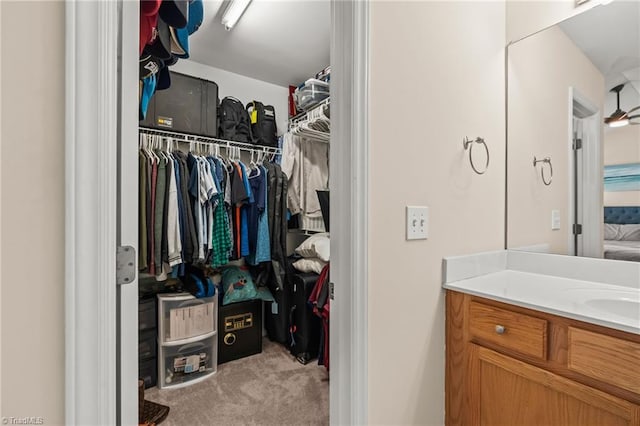 walk in closet featuring light colored carpet and sink