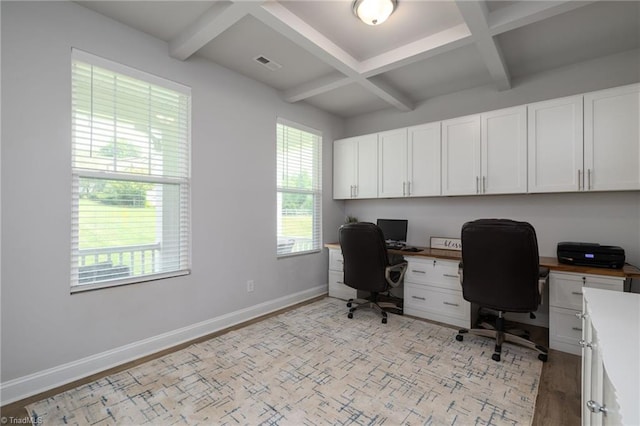 office space with light hardwood / wood-style floors, beam ceiling, coffered ceiling, and built in desk