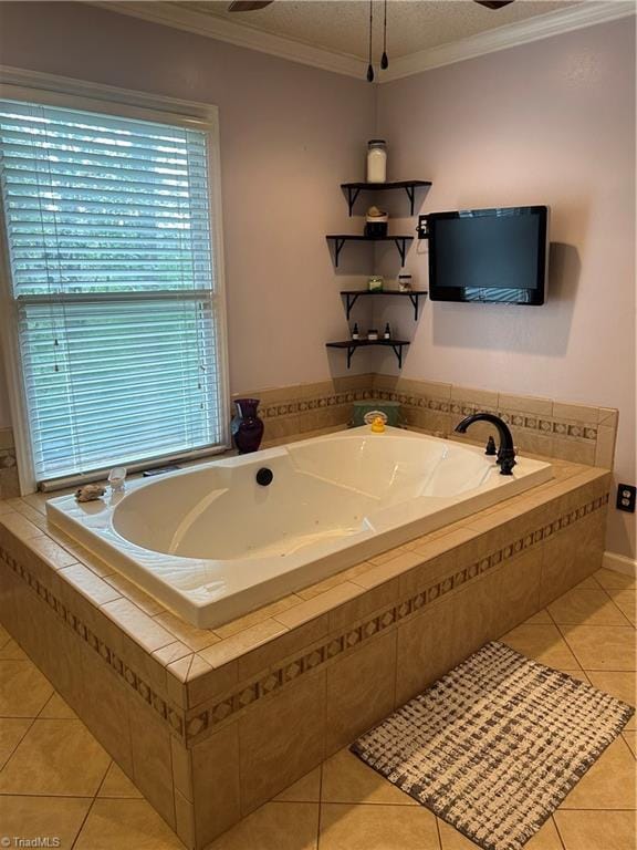 bathroom with ornamental molding, tiled bath, and tile patterned flooring