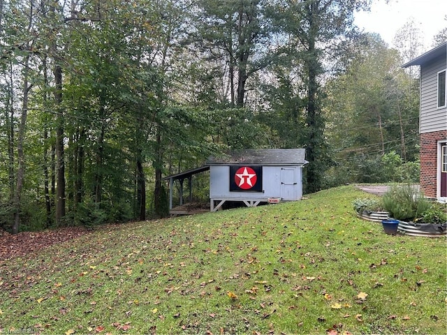 view of yard with a storage shed