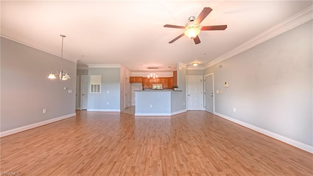 200 Lennox Dr Unit 3C, Jamestown, NC 27282 - unfurnished living room featuring a chandelier, crown molding, ceiling fan, light wood finished floors, and baseboards