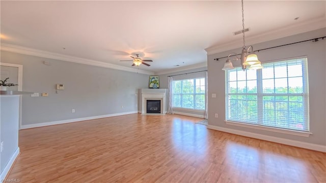200 Lennox Dr Unit 3C, Jamestown, NC 27282 - unfurnished living room featuring ornamental molding, a ceiling fan, baseboards, light wood-style floors, and a fireplace