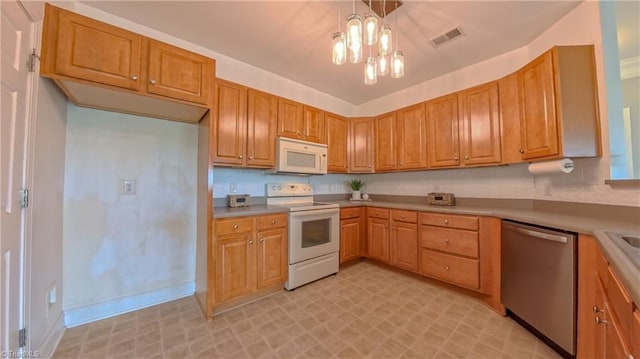 200 Lennox Dr Unit 3C, Jamestown, NC 27282 - kitchen with white appliances, brown cabinetry, hanging light fixtures, a chandelier, and light flooring