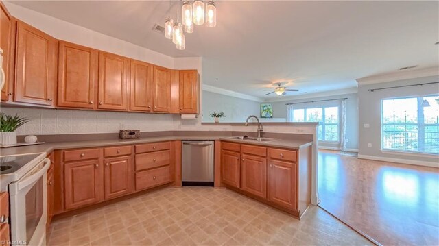 200 Lennox Dr Unit 3C, Jamestown, NC 27282 - kitchen with stainless steel dishwasher, white electric range oven, crown molding, a peninsula, and a sink