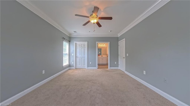 200 Lennox Dr Unit 3C, Jamestown, NC 27282 - unfurnished bedroom featuring ornamental molding, connected bathroom, light colored carpet, baseboards, and ceiling fan