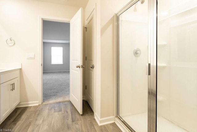 bathroom featuring vanity, wood-type flooring, and a shower with door