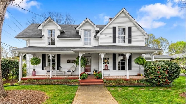 view of front facade with roof with shingles, covered porch, and a front yard