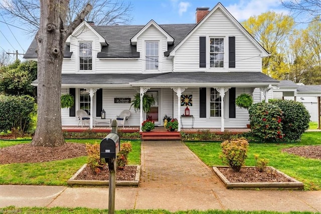 view of front of home featuring a chimney, covered porch, a front yard, and a vegetable garden