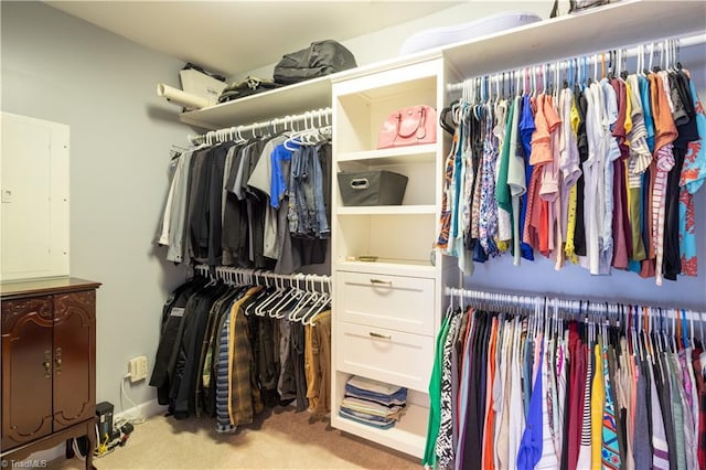 walk in closet featuring light colored carpet