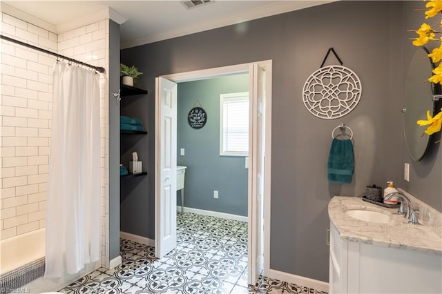 bathroom with tile patterned floors, vanity, and shower / tub combo with curtain