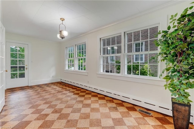 809 Simpson St, Greensboro, NC 27401 - empty room with a baseboard heating unit, crown molding, baseboards, and light floors