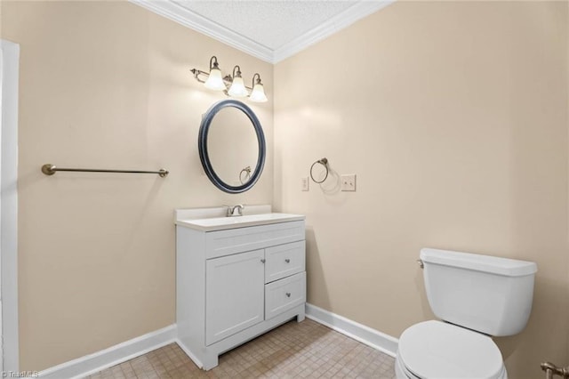 2704 Saint Johns Pl, Winston-Salem, NC 27106 - half bath with toilet, baseboards, vanity, ornamental molding, and a textured ceiling