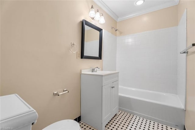 2704 Saint Johns Pl, Winston-Salem, NC 27106 - bathroom with toilet, vanity, washtub / shower combination, and crown molding