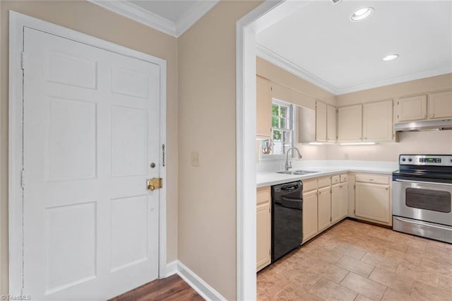 2704 Saint Johns Pl, Winston-Salem, NC 27106 - kitchen with stainless steel electric range, under cabinet range hood, black dishwasher, a sink, and ornamental molding