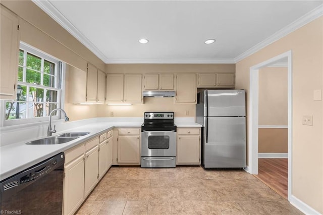 2704 Saint Johns Pl, Winston-Salem, NC 27106 - kitchen featuring appliances with stainless steel finishes, under cabinet range hood, a sink, light countertops, and ornamental molding
