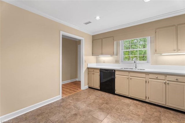 2704 Saint Johns Pl, Winston-Salem, NC 27106 - kitchen with black dishwasher, a sink, crown molding, light countertops, and baseboards