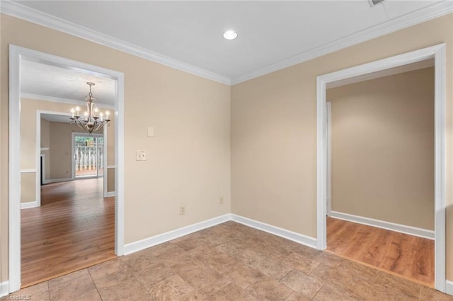 2704 Saint Johns Pl, Winston-Salem, NC 27106 - empty room featuring crown molding, a chandelier, baseboards, light wood-style flooring, and recessed lighting