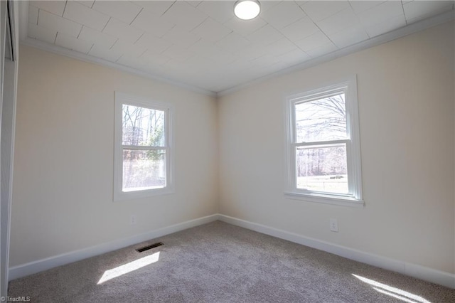 spare room featuring visible vents, carpet floors, baseboards, and ornamental molding