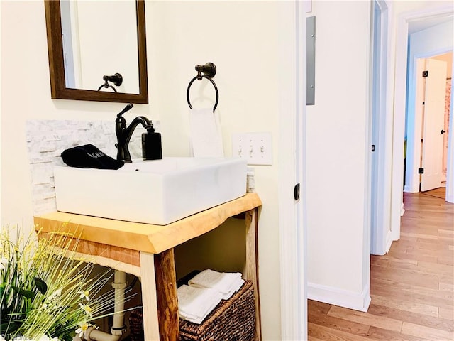 interior details with hardwood / wood-style floors and sink