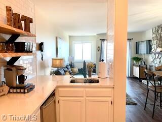 301 Pinnacle Inn Rd Unit 4315, Beech Mountain, NC 28604 - kitchen with stainless steel dishwasher, open floor plan, open shelves, dark wood-type flooring, and light countertops