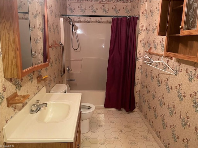 bathroom with wallpapered walls, toilet, shower / tub combo with curtain, tile patterned floors, and vanity