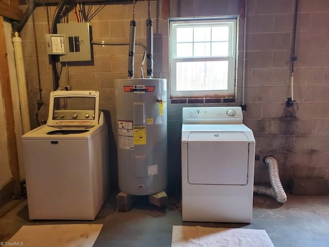 interior space featuring electric panel, concrete block wall, electric water heater, and laundry area