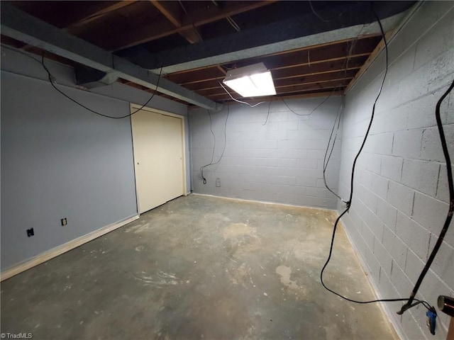 unfinished basement featuring concrete block wall