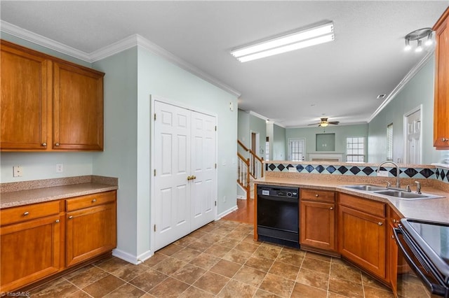 4339 Alderny Pl, High Point, NC 27265 - kitchen featuring black appliances, a sink, crown molding, brown cabinets, and backsplash