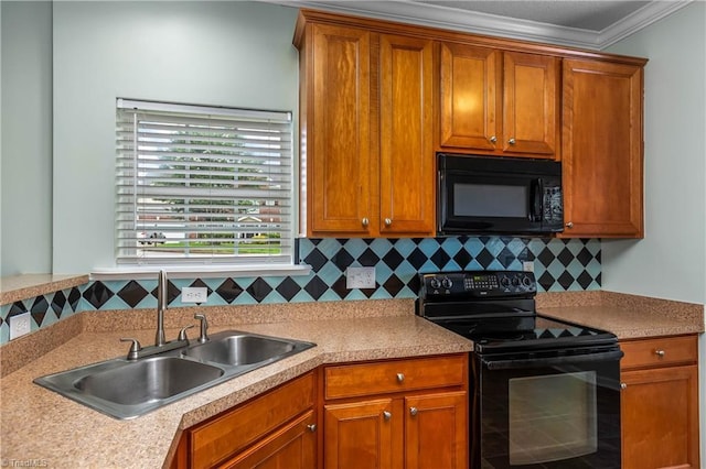 4339 Alderny Pl, High Point, NC 27265 - kitchen with black appliances, a sink, light countertops, tasteful backsplash, and brown cabinets