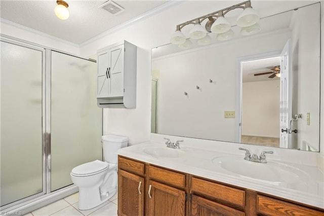 full bathroom with a sink, visible vents, toilet, and a shower stall