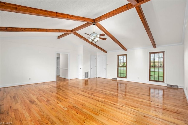 unfurnished living room featuring visible vents, light wood-style floors, ceiling fan, and vaulted ceiling with beams