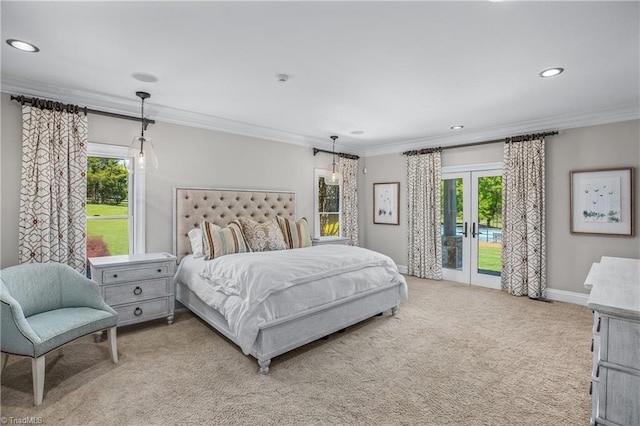 bedroom with light colored carpet, french doors, access to outside, and ornamental molding