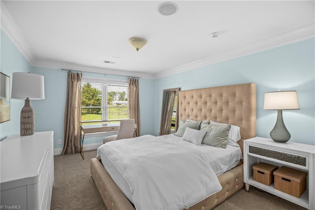 bedroom featuring light carpet and ornamental molding