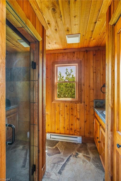 interior space with wood ceiling and wooden walls