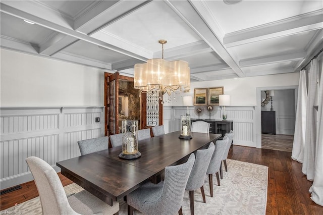 dining room featuring beamed ceiling, dark hardwood / wood-style flooring, a chandelier, and coffered ceiling