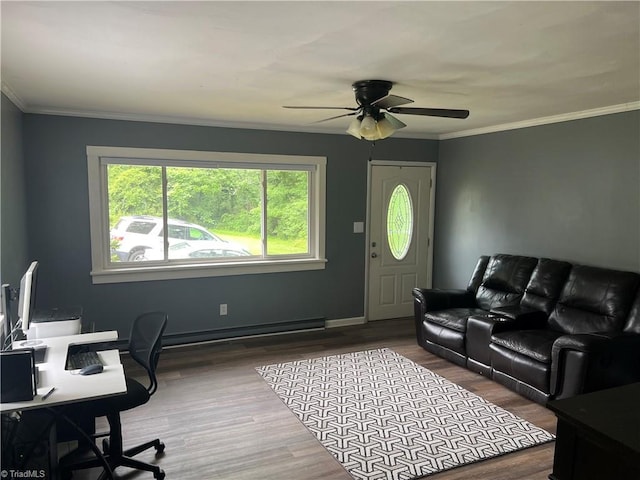 240 Byerly St, Mount Airy, NC 27030 - office space featuring a ceiling fan, a baseboard radiator, wood finished floors, crown molding, and baseboards