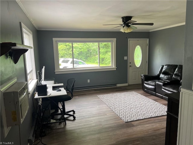 240 Byerly St, Mount Airy, NC 27030 - office featuring a baseboard heating unit, ceiling fan, wood finished floors, ornamental molding, and baseboards