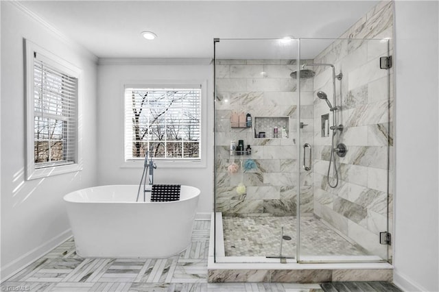 bathroom with crown molding and shower with separate bathtub