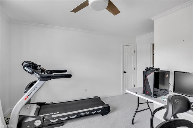 exercise room with crown molding and ceiling fan