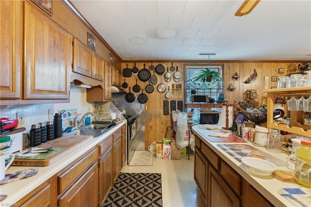 kitchen featuring stainless steel electric stove, ornamental molding, tasteful backsplash, and sink