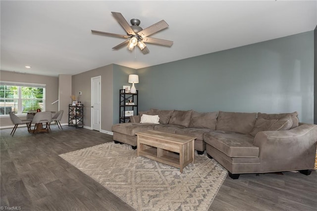 4628 Heatherly Rd, Winston-Salem, NC 27105 - living area with dark wood-type flooring, a ceiling fan, and recessed lighting