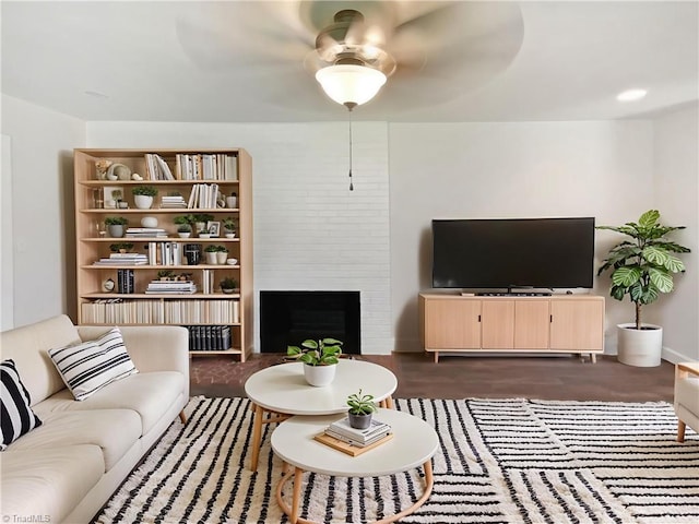 3230 High Cliffs Rd, Pfafftown, NC 27040 - living room featuring ceiling fan and a large fireplace