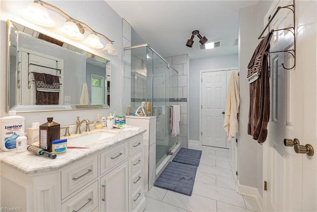 4680 Sherborne Dr, Pfafftown, NC 27040 - full bath featuring marble finish floors, vanity, and a shower stall