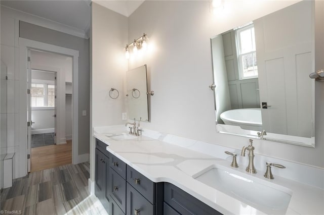 bathroom featuring double vanity, ornamental molding, wood finished floors, and a sink